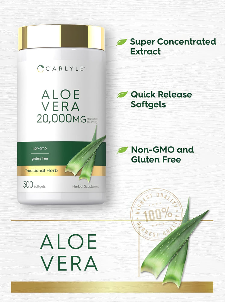 Carlyle Aloe Vera supplement provides 20,000MG equivalent per serving with 300 softgels.