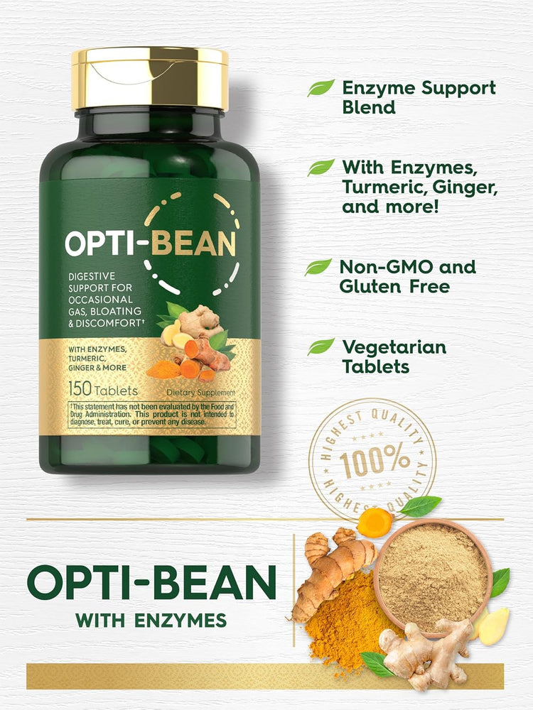 Opti-Bean Digestive Support 150 Tablets with enzymes, turmeric, ginger. Non-GMO, gluten-free, and vegetarian.