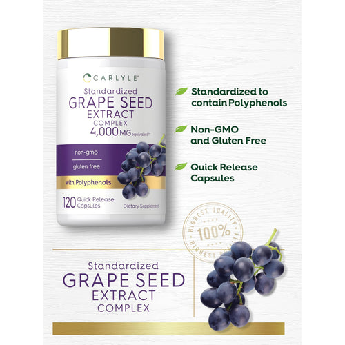 View 4 Carlyle Grape Seed Extract Complex 4000 mg, 120 quick-release capsules, non-GMO, gluten-free.