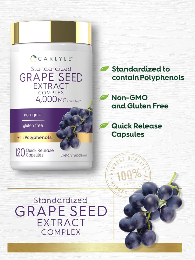 Carlyle Grape Seed Extract Complex 4000 mg, 120 quick-release capsules, non-GMO, gluten-free.