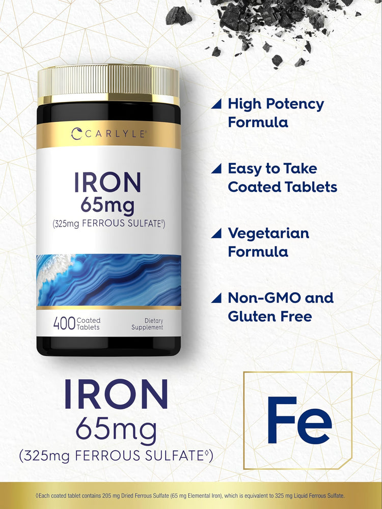 Carlyle Iron (Ferrous Sulfate) 65 mg, 400 coated tablets, dietary supplement.