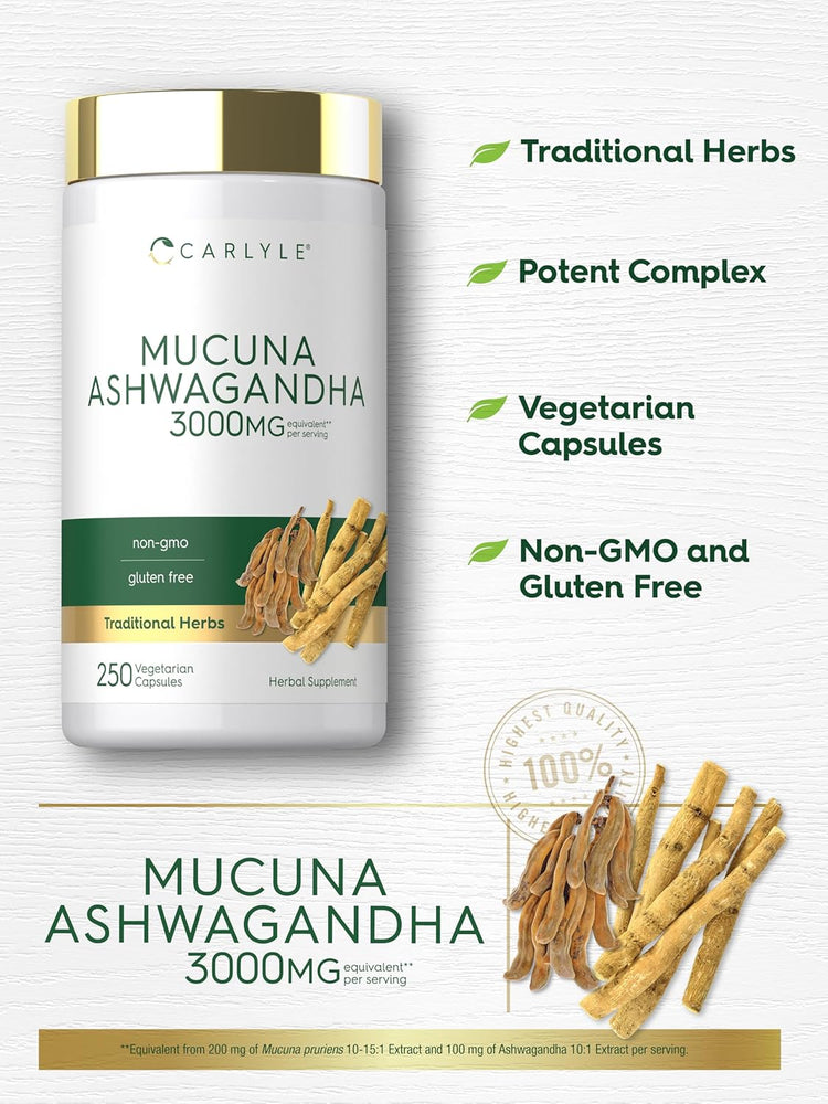 MUCUNA ASHWAGANDHA 3000MG per serving, 250 Vegetarian Capsules in bottle.