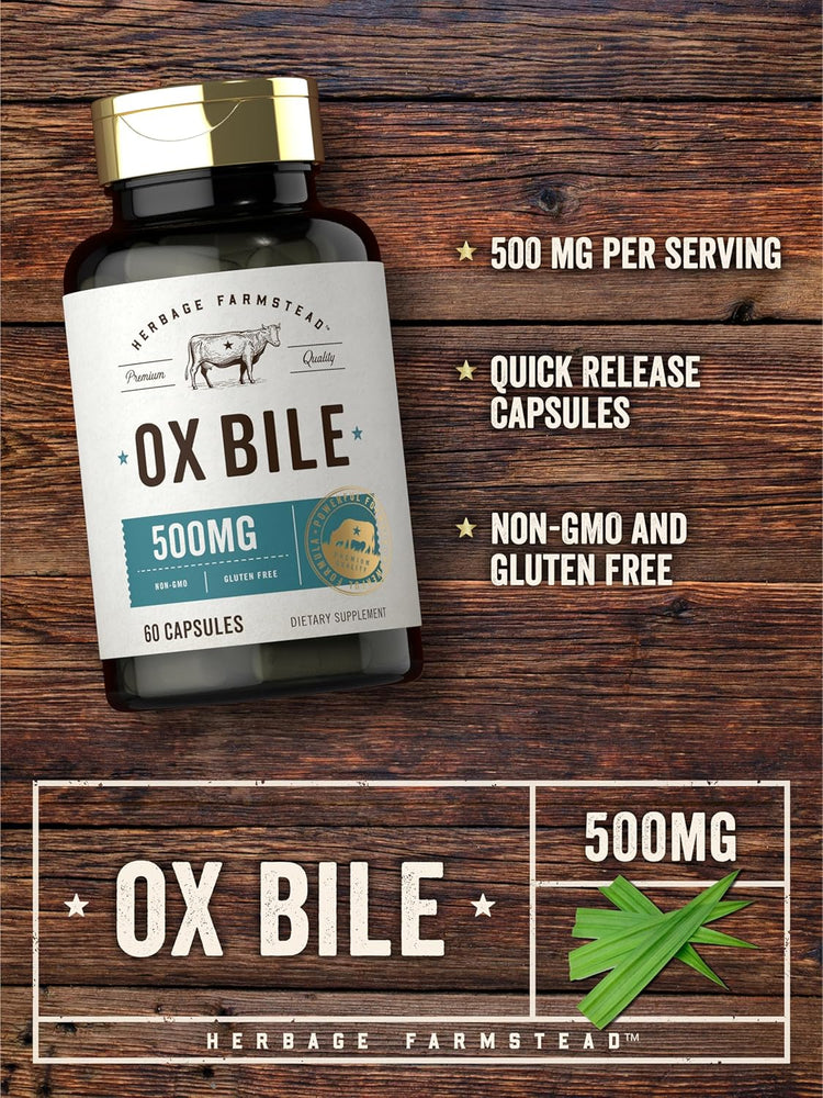Herbage Farmstead Ox Bile 500 mg, 60 capsules supplement bottle.