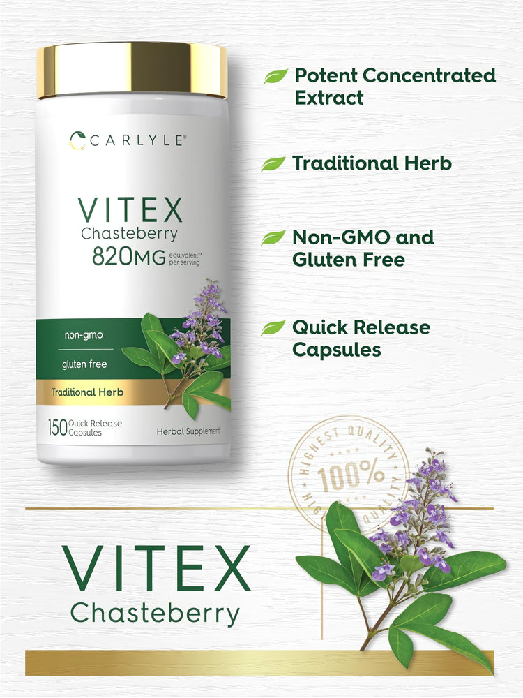 Carlyle Vitex Chasteberry herbal supplement with 820MG per serving, 150 quick-release capsules.