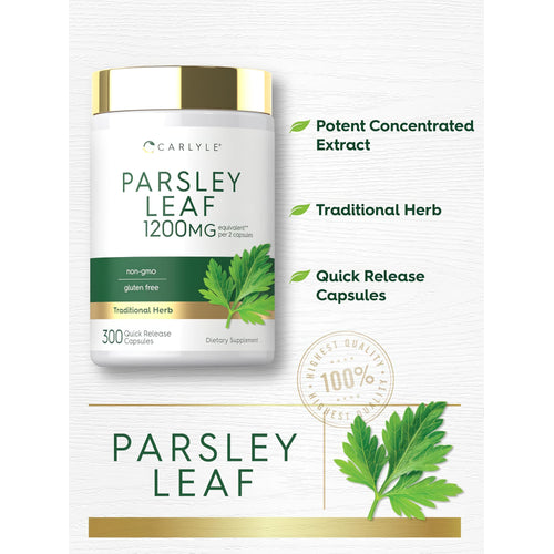 View 4 Carlyle Parsley Leaf 1200mg equivalent per 2 capsules, 300 Quick Release Capsules. Non-GMO, gluten-free, traditional herb.