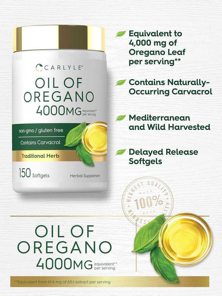 Carlyle Oil of Oregano with 4000MG equivalent per serving, available in 150 softgels.
