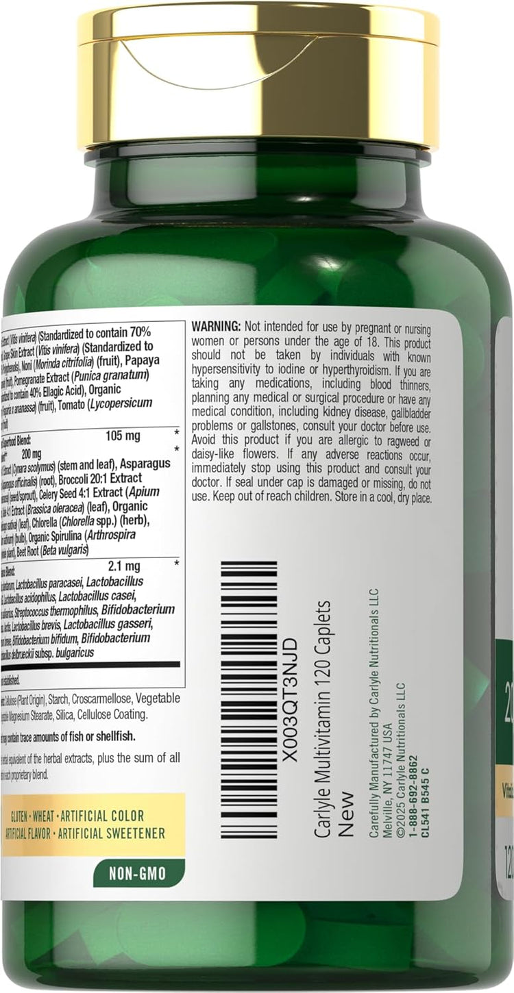 Carlyle Multivitamin, 120 caplets, new. Non-GMO, no gluten, no wheat, no artificial color, flavor, or sweetener.