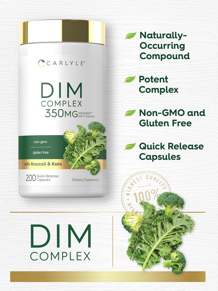 Carlyle DIM Complex 350 mg per 2 capsules with 200 Quick Release Capsules in the bottle.