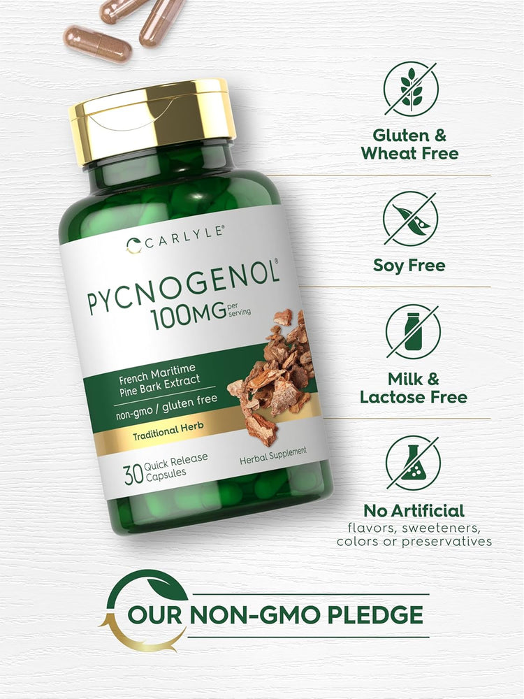 Pycnogenol bottle: Gluten & Wheat Free, Soy Free, Milk & Lactose Free, No Artificial Flavors/Sweeteners/Colors/Preservatives, Non-GMO.