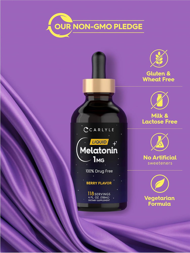 Carlyle Liquid Melatonin 1MG in berry flavor, offering 118 servings, is a 4 fl. oz. (118mL) dietary supplement.