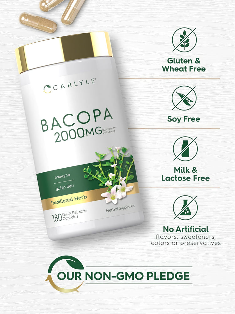 Bacopa Monnieri capsules providing 2000mg equivalent per serving, available in 180 quick-release capsules.