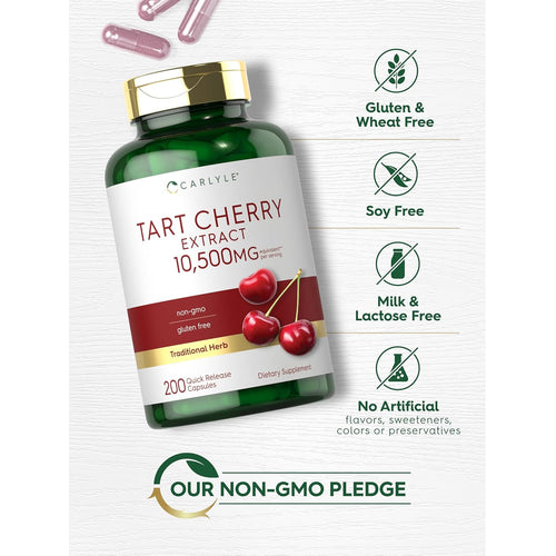 View 5 Tart Cherry bottle: Gluten & Wheat Free, Soy Free, Milk & Lactose Free, No Artificial Flavors/Sweeteners/Colors/Preservatives, Non-GMO
