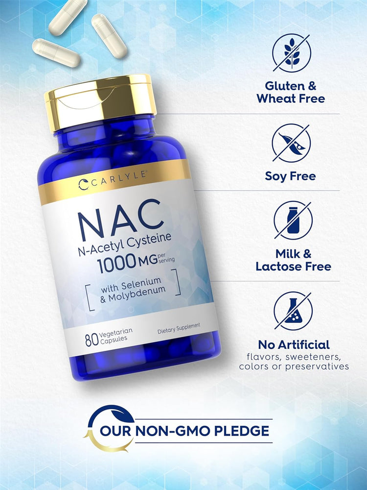 NAC bottle: Gluten & Wheat Free, Soy Free, Milk & Lactose Free, No Artificial Flavors/Sweeteners/Colors/Preservatives, Non-GMO