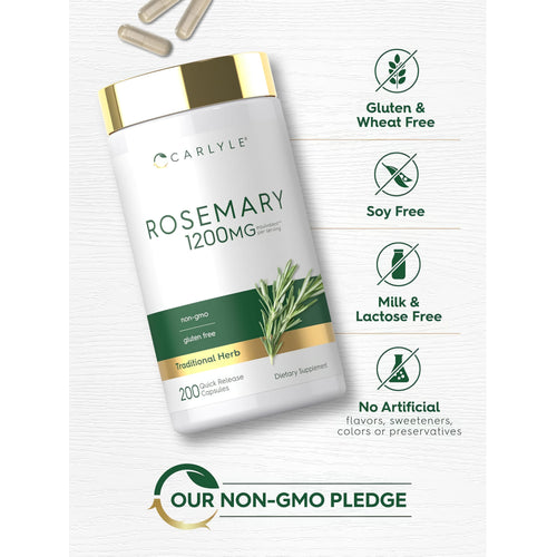 View 5 Rosemary bottle with icons indicating Gluten & Wheat Free, Soy Free, Milk & Lactose Free, No Artificial Flavors, Non-GMO.