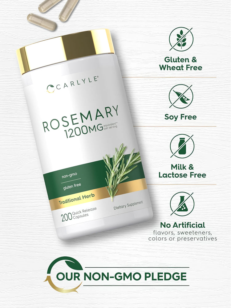 Rosemary bottle with icons indicating Gluten & Wheat Free, Soy Free, Milk & Lactose Free, No Artificial Flavors, Non-GMO.