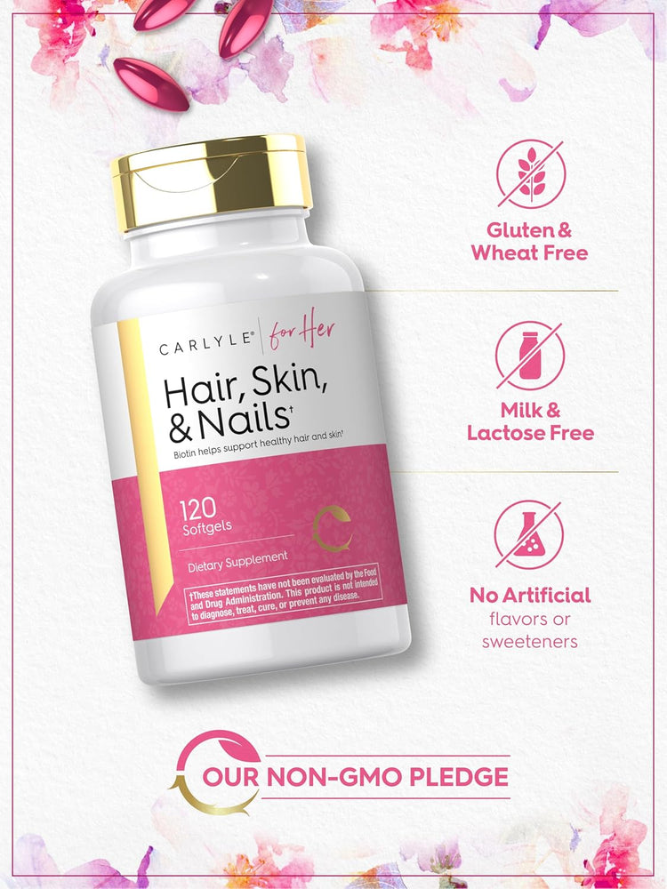 Hair Skin and Nails bottle shows it is gluten-free, lactose-free, free from artificial flavors, and non-GMO.