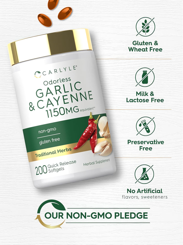 Garlic & Cayenne bottle with icons indicating Gluten & Wheat Free, Milk & Lactose Free, Preservative Free, Non-GMO, No Artificial Flavors/Sweeteners.