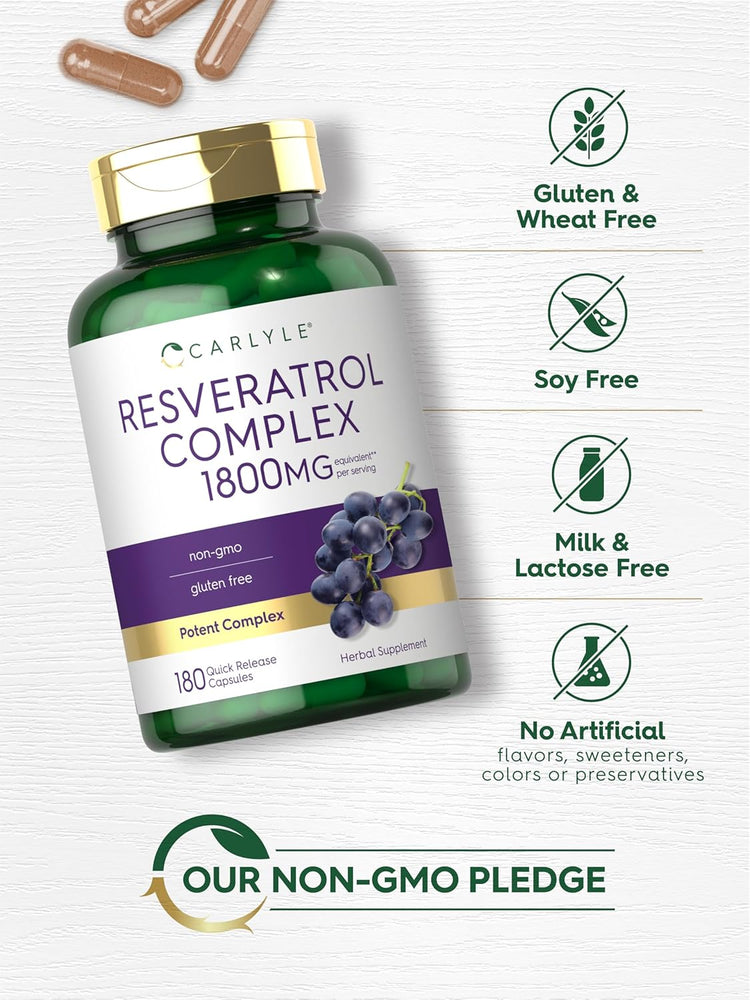 Resveratrol bottle: Gluten & Wheat Free, Soy Free, Milk & Lactose Free, No Artificial Flavors/Sweeteners/Colors/Preservatives, Non-GMO