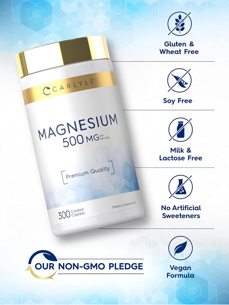 Magnesium bottle with icons indicating gluten, wheat, soy, milk, lactose free; no artificial sweeteners; vegan and non-GMO.