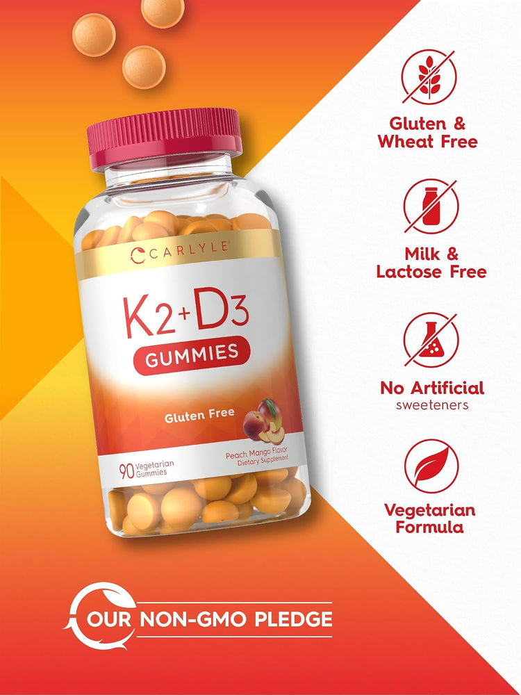 Carlyle K2+D3 Gummies bottle with icons indicating gluten and wheat free, milk and lactose free, no artificial sweeteners, vegetarian, non-GMO.