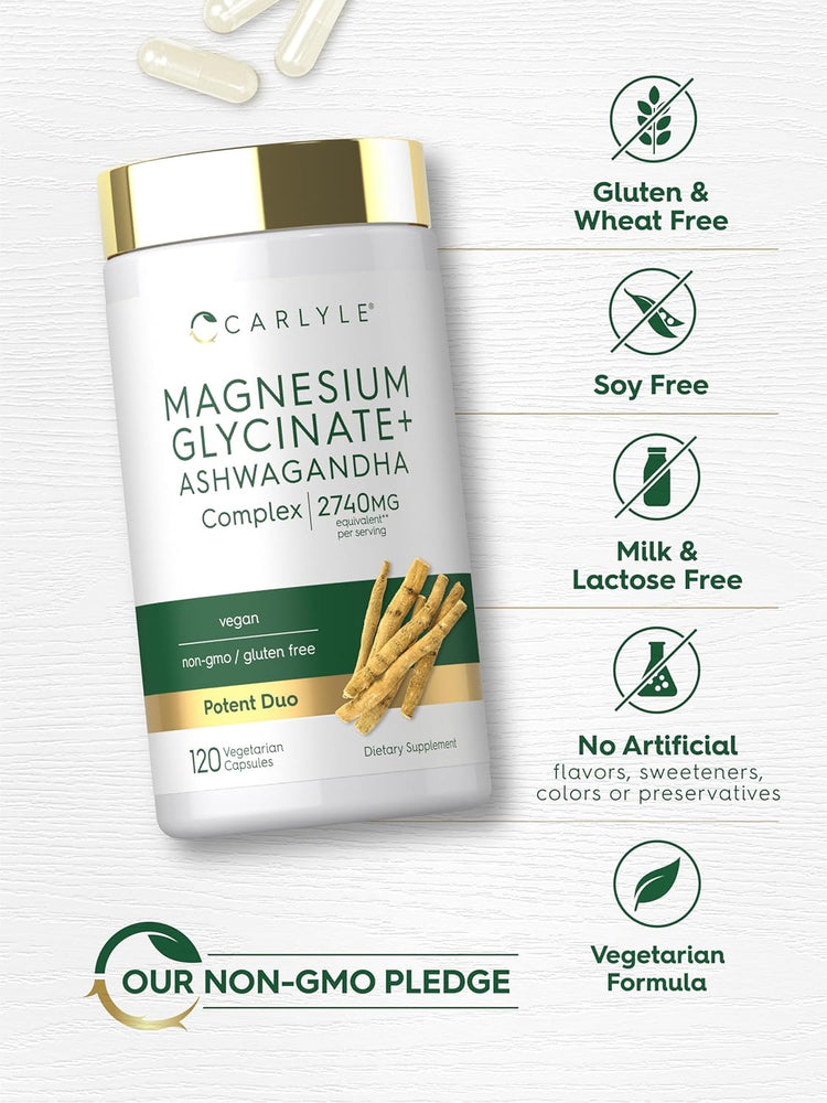 Mag Ashwagandha bottle: Non-GMO, Gluten & Wheat Free, Soy Free, Milk & Lactose Free, No Artificial Flav/Sweet/Color/Preserv, Vegetarian Formula