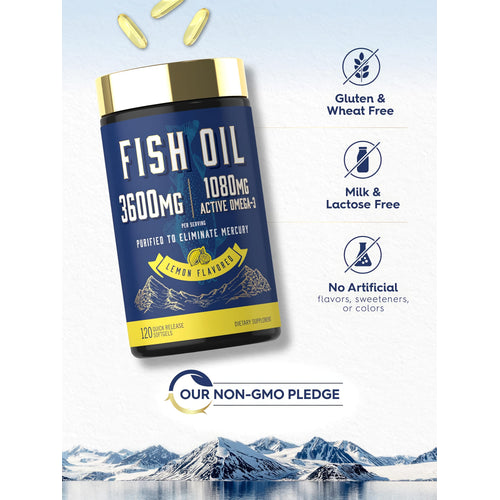 View 5 Omega-3 Fish Oil bottle with icons indicating gluten, wheat, milk, lactose free; no artificial flavors, sweeteners, colors; non-GMO.
