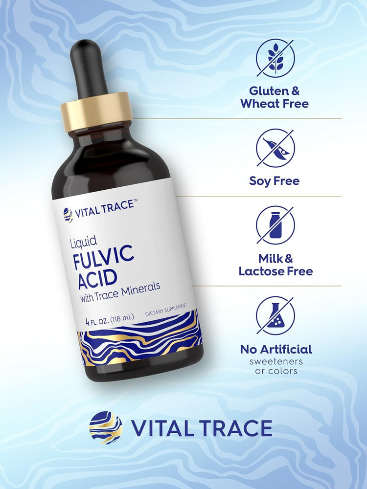Fulvic Acid bottle: Gluten, Wheat, Soy, Milk, and Lactose Free. No artificial sweeteners or colors.