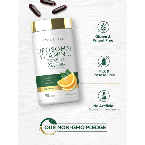 View 5 Liposomal Vitamin C bottle with icons indicating Gluten & Wheat Free, Milk & Lactose Free, No Artificial Flavors, Our Non-GMO Pledge.