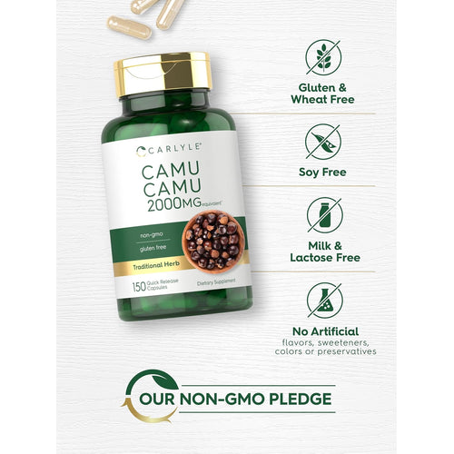 View 5 Camu Camu bottle with icons indicating Gluten & Wheat Free, Soy Free, Milk & Lactose Free, No Artificial Flavors, Non-GMO.