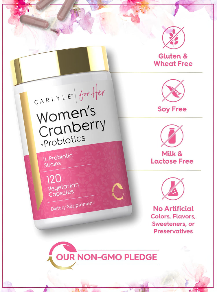 Cranberry + Probiotics bottle with icons indicating Gluten & Wheat Free, Soy Free, Milk & Lactose Free, No Artificial Colors/Flavors.