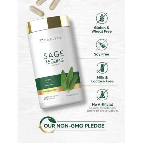 View 5 Sage bottle with icons indicating Gluten & Wheat Free, Soy Free, Milk & Lactose Free, No Artificial Flavors/Sweeteners/Colors/Preservatives, Non-GMO.