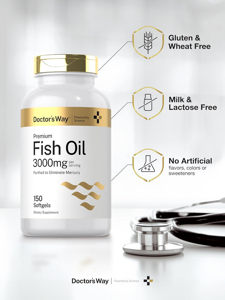 Fish Oil bottle: Gluten & Wheat Free, Milk & Lactose Free, with No Artificial Flavors, Colors, or Sweeteners.