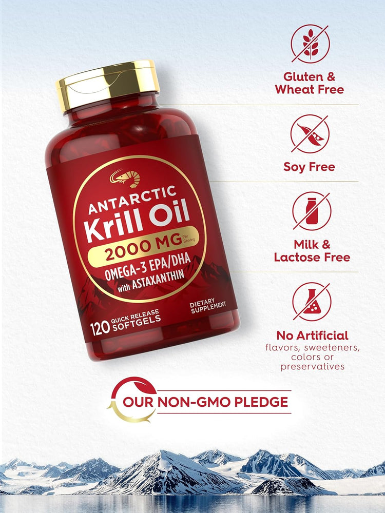 Krill Oil bottle: Gluten & Wheat Free, Soy Free, Milk & Lactose Free, No Artificial Flavors/Sweeteners/Colors/Preservatives, Non-GMO
