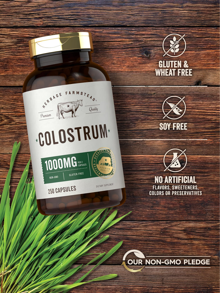 Colostrum bottle with icons indicating Gluten & Wheat Free, Soy Free, No Artificial Additives, and Our Non-GMO Pledge.