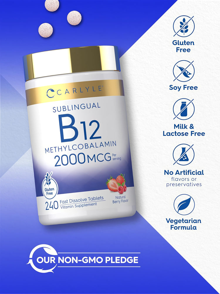 B12 Methylcobalamin bottle with icons indicating Gluten Free, Soy Free, Milk & Lactose Free, Vegetarian, Non-GMO, Natural.
