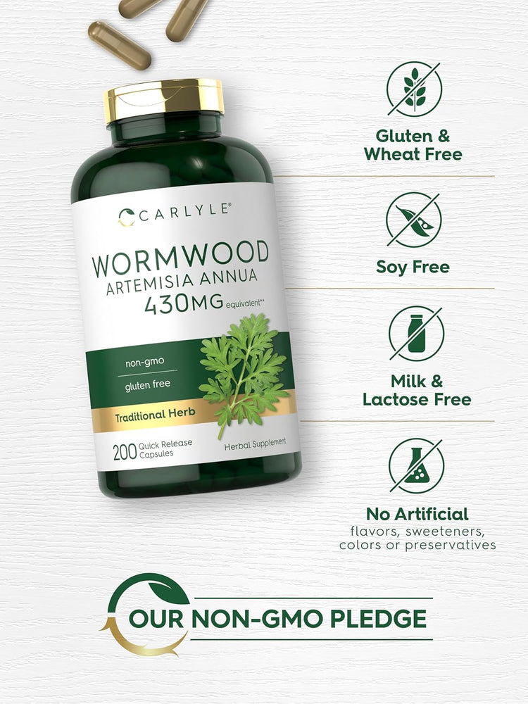 Wormwood bottle: Gluten & Wheat Free, Soy Free, Milk & Lactose Free, No Artificial flavors/sweeteners/colors/preservatives, Non-GMO