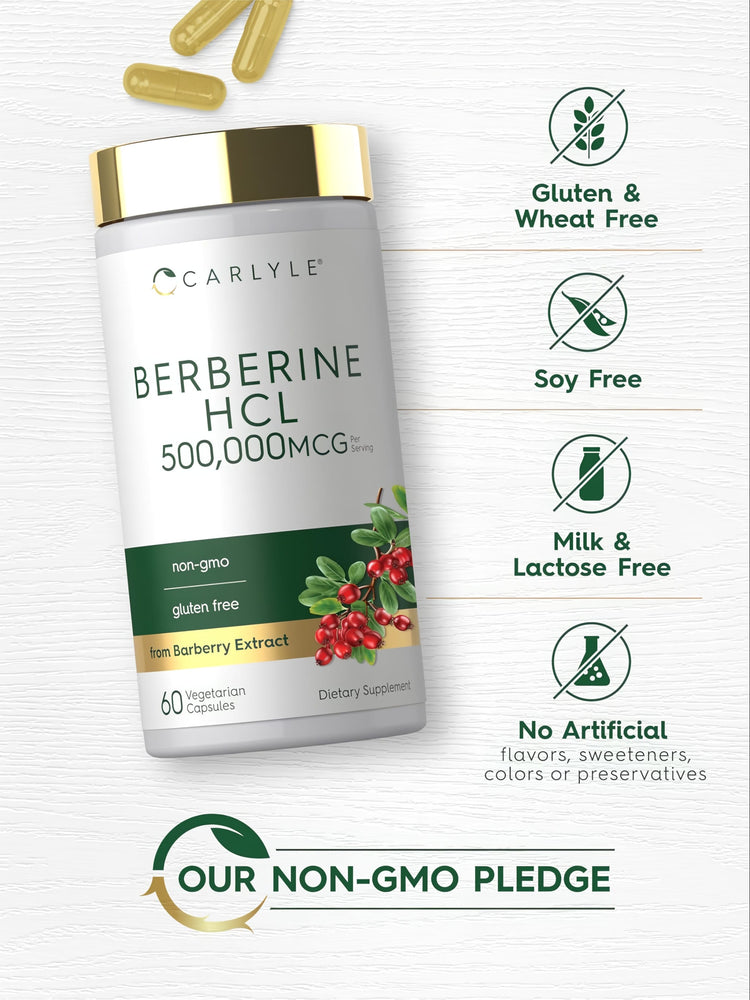 Berberine bottle: Gluten & Wheat Free, Soy Free, Milk & Lactose Free, No Artificial Flavors/Sweeteners/Colors/Preservatives, Non-GMO