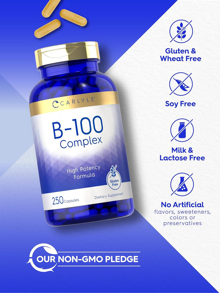 B-100 Complex bottle: Gluten & Wheat Free, Soy Free, Milk & Lactose Free, No Artificial Flavors/Sweeteners/Colors/Preservatives, Non-GMO