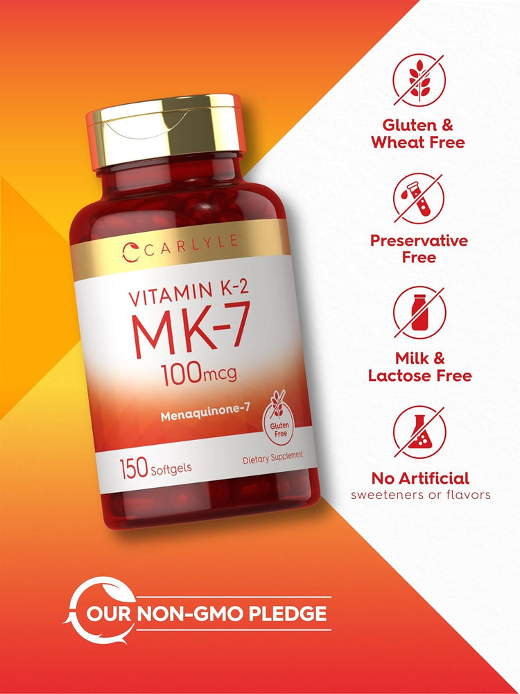 Vitamin K2 bottle with labels: Gluten & Wheat Free, Preservative Free, Milk & Lactose Free, No Artificial Sweeteners, Non-GMO.