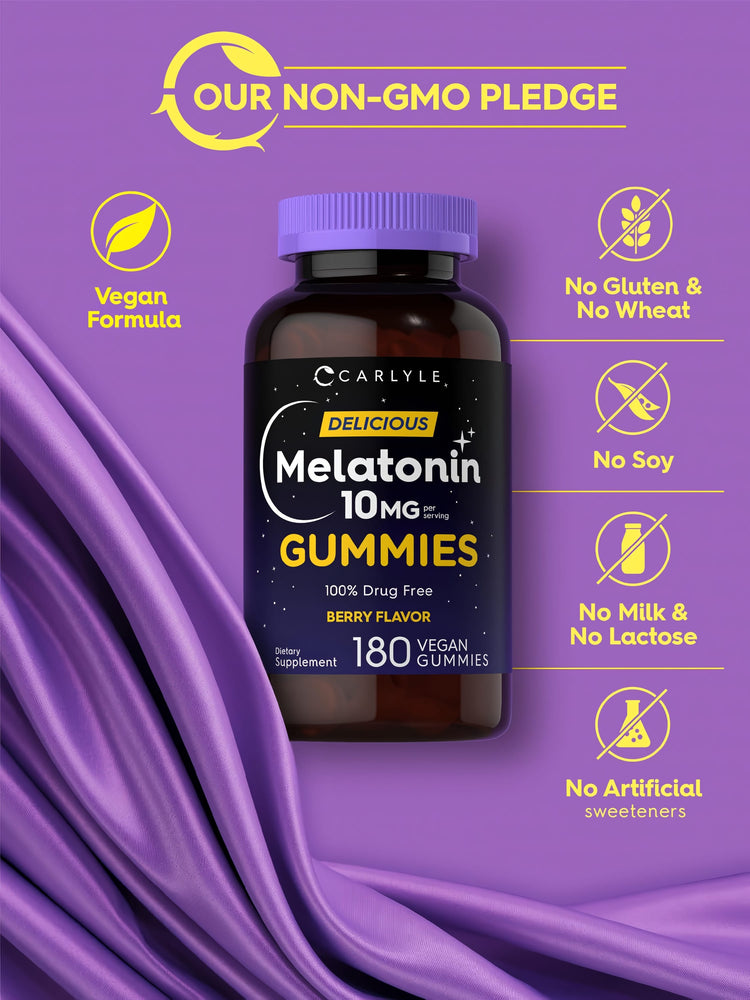 Melatonin Gummies bottle with icons indicating Non-GMO, Vegan, Gluten-Free, Soy-Free, Lactose-Free, No Artificial Sweeteners.