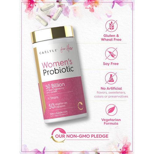 View 5 Women's Probiotic bottle with icons indicating Gluten & Wheat Free, Soy Free, No Artificial Flavors, Vegetarian, Non-GMO.