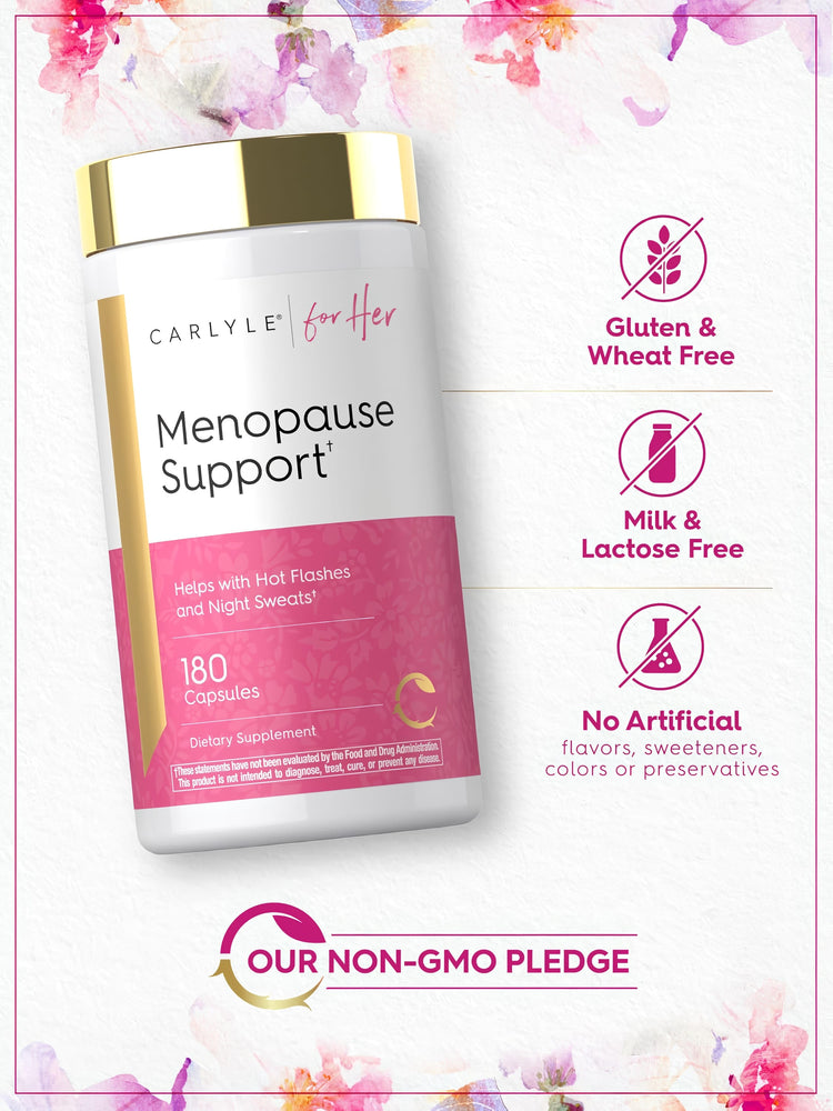 Menopause Support bottle with icons indicating Gluten Free, Milk Free, No Artificial Additives, Non-GMO.