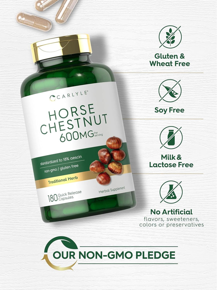 Horse Chestnut bottle: Gluten & Wheat Free, Soy Free, Milk & Lactose Free, No Artificial Flavors/Sweeteners/Colors/Preservatives, Non-GMO