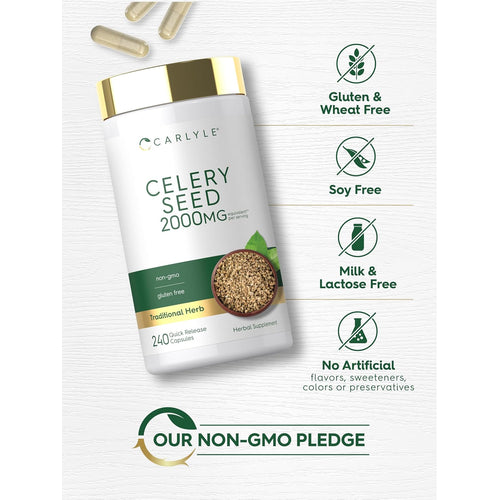 View 5 Celery Seed bottle with icons indicating Gluten & Wheat Free, Soy Free, Milk & Lactose Free, No Artificial Additives, Non-GMO.