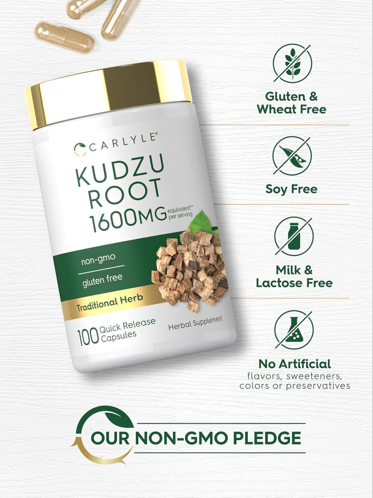 Carlyle Kudzu Root 1600mg, 100 quick-release capsules, herbal supplement.