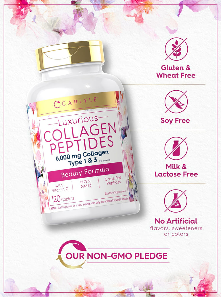 Carlyle Luxurious Collagen Peptides 6,000 mg with Type 1 & 3 Collagen, plus Vitamin C, 120 Caplets.