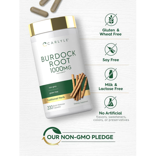 View 5 Burdock Root bottle with icons indicating Gluten & Wheat Free, Soy Free, Milk & Lactose Free, No Artificial Flavors, Non-GMO.