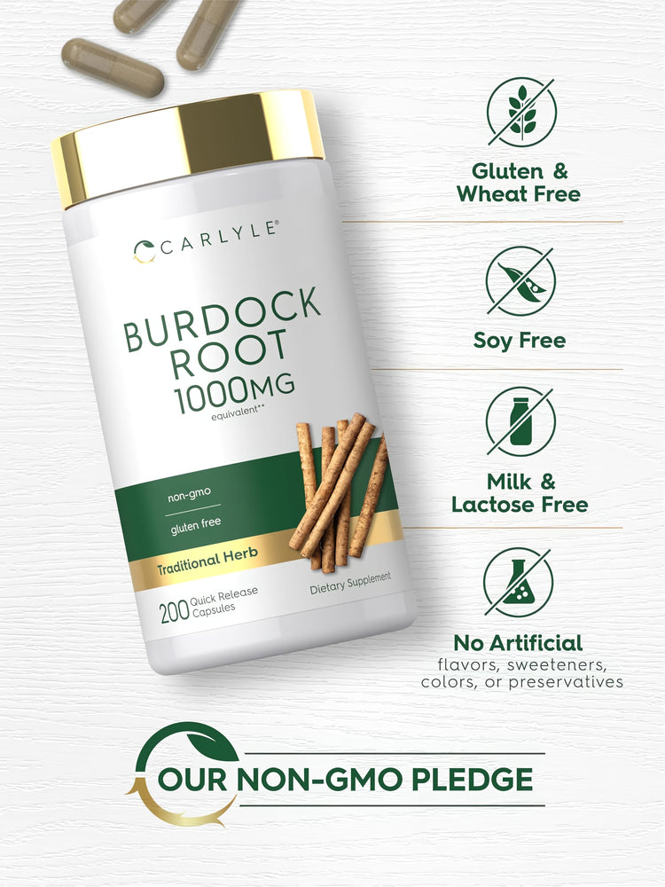 Burdock Root bottle with icons indicating Gluten & Wheat Free, Soy Free, Milk & Lactose Free, No Artificial Flavors, Non-GMO.