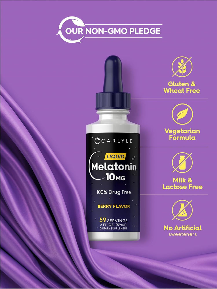 Melatonin Liquid bottle: Non-GMO, Gluten & Wheat Free, Vegetarian Formula, Milk & Lactose Free, No Artificial sweeteners.