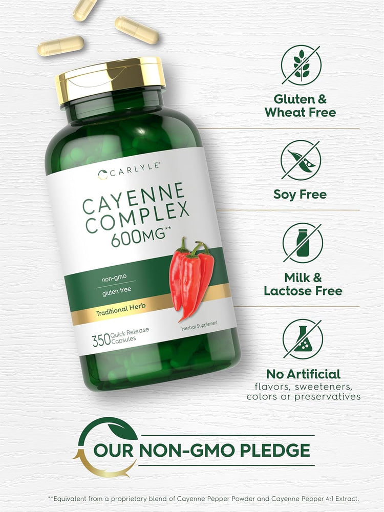 Cayenne Complex bottle: Gluten & Wheat Free, Soy Free, Milk & Lactose Free, No Artificial Flavors/Sweeteners/Colors/Preservatives, Non-GMO